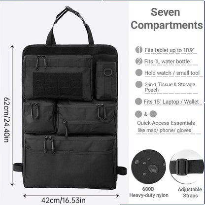 Black car seat back organizer showing storage pockets, adjustable straps, heavy-duty nylon construction, and 42 by 62 centimeter size