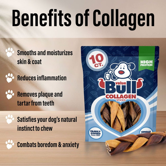 ValueBull Beef Collagen Braids for Dogs, 6 Inch Thick Chews, 50 Count Bulk Pack - Thick - 50 Braids