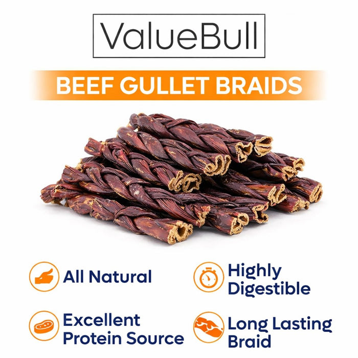 ValueBull Beef Jerky Gullet Braids for Dogs, Thick 6 Inch, 100 Count Bulk Pack - Gullet - 100 Braids
