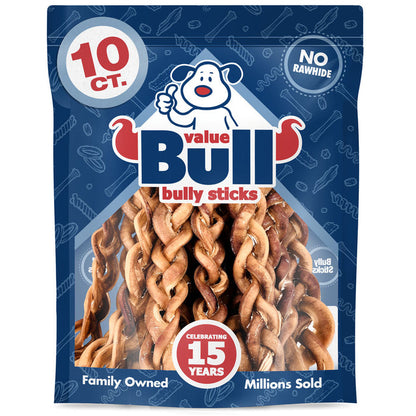 ValueBull Braided Bully Sticks for Large Dogs, Thick 12 Inch, 10 Count - Thick - 10 Braids
