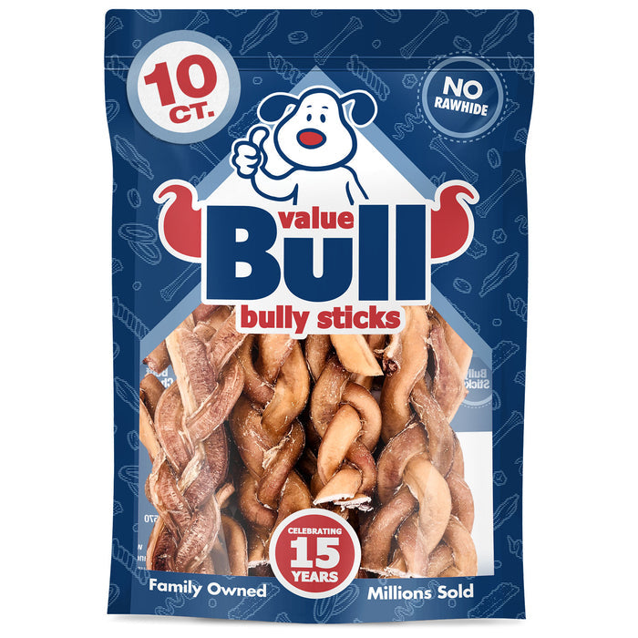 ValueBull Braided Bully Sticks for Large Dogs, Thick 6 Inch, 10 Count - Thick - 10 Braids