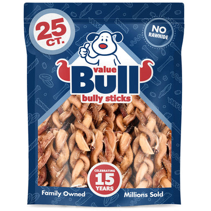 ValueBull Braided Bully Sticks for Large Dogs, Thick 6 Inch, 25 Count - Thick - 25 Braids