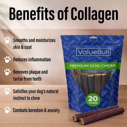 ValueBull Buffalo Collagen Sticks for Dogs, 6 Inch Thick Chews, 25 Count - Thick - 25 Sticks