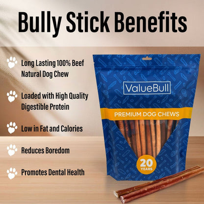 ValueBull Bully Sticks for Dogs, Medium 12 Inch, 50 Count - Medium - 50 Sticks