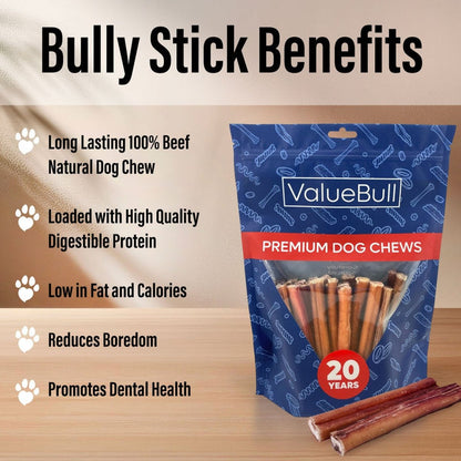 ValueBull Bully Sticks for Large Dogs, Jumbo 6 Inch, 10 Count - Jumbo - 10 Sticks