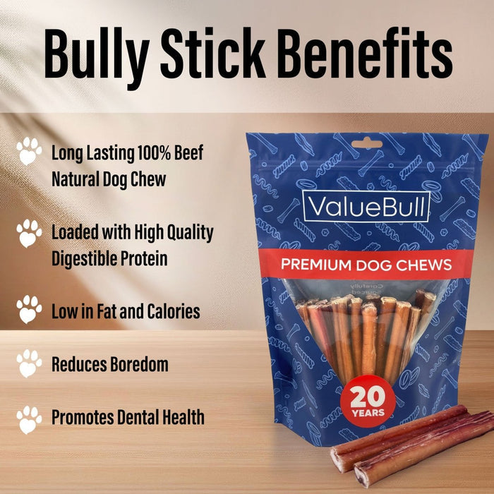 ValueBull Bully Sticks for Small Dogs, Extra Thin 6 Inch, 100 Count Bulk Pack - 100 Sticks