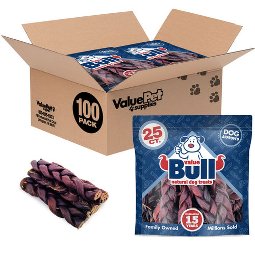 ValueBull USA Beef Collagen Braid for Large Dogs, Thick 6 Inch 100 Count