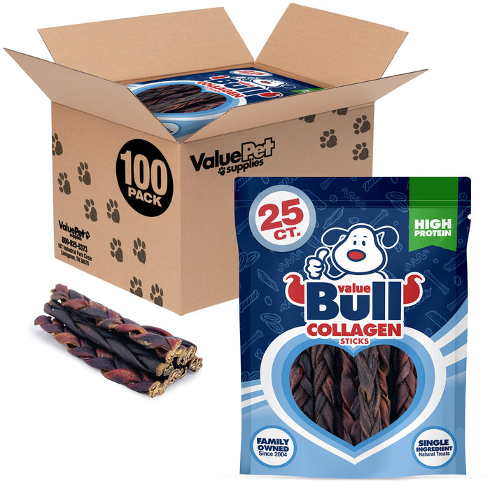 ValueBull USA Beef Collagen Braids for Dogs, 6 Inch Thin Chews, 100 Count