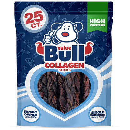 ValueBull USA Beef Collagen Braids for Dogs, 6 Inch Thin Chews, 25 Count