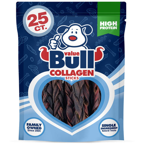 ValueBull USA Beef Collagen Braids for Dogs, 6 Inch Thin Chews, 25 Count