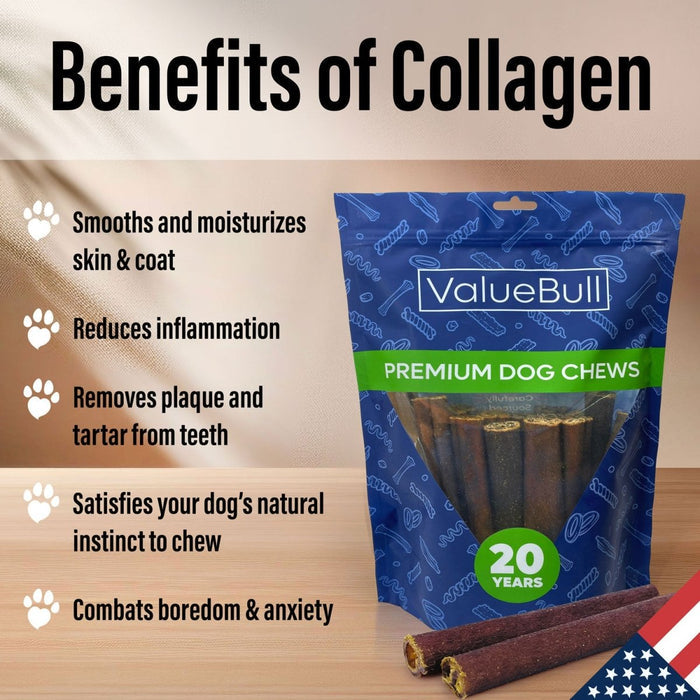 ValueBull USA Beef Collagen Sticks, 6 Inch Extra Thin Chews, 200 Count Bulk Pack - Extra Thin - 200 Sticks