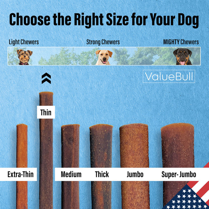 ValueBull USA Beef Collagen Sticks for Dogs, 12 Inch Thin Chews, 200 Count Bulk Pack - Thin - 200 Count
