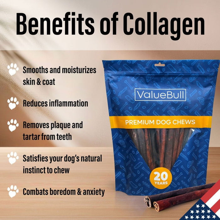 ValueBull USA Beef Collagen Sticks for Dogs, 12 Inch Thin Chews, 25 Count - Thin - 25 Count