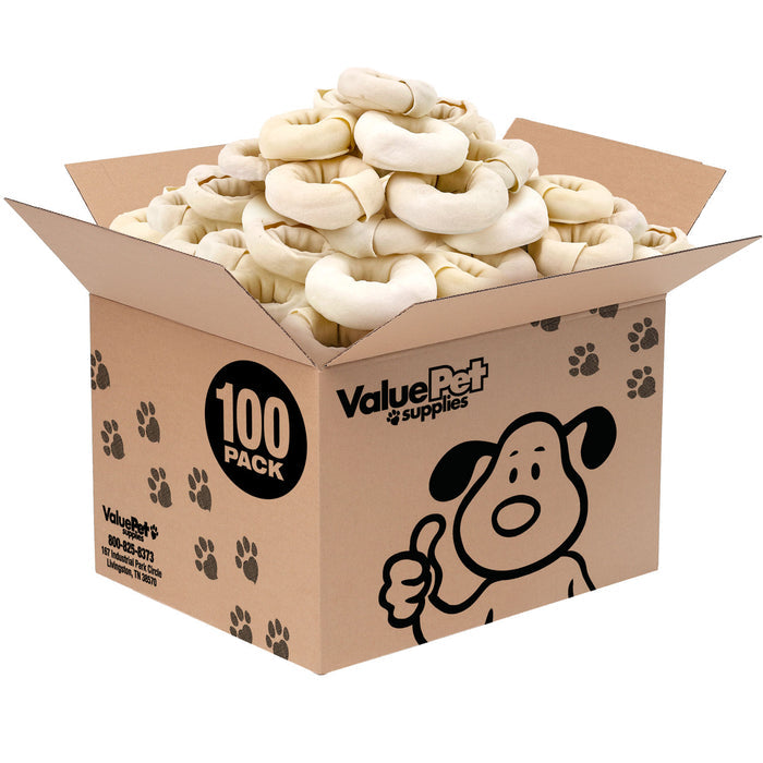ValueBull USA Beef Rawhide Donut Ring Dog Chews, 100 Count Bulk Pack - Donut - 100 Rings