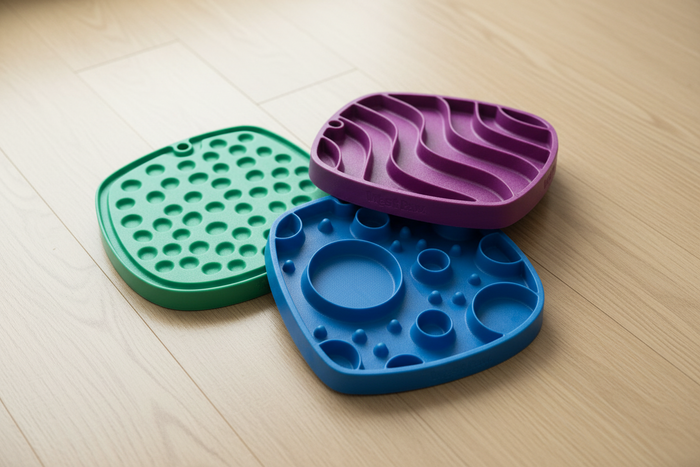 Green, blue, and purple silicone dog enrichment mats with different textured feeding patterns