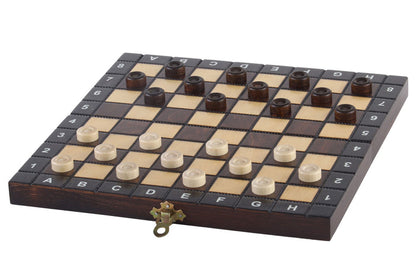 ZESTAW SZKOLNY DREWNIANY (28x28cm) - SZACHY + WARCABY + BACKGAMMON