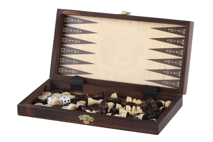ZESTAW SZKOLNY DREWNIANY (28x28cm) - SZACHY + WARCABY + BACKGAMMON